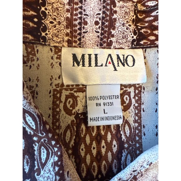 Milano Brown & Cream Long-Sleeve Button-Up Shirt L Polyester Vintage 70s Career - Picture 2 of 4